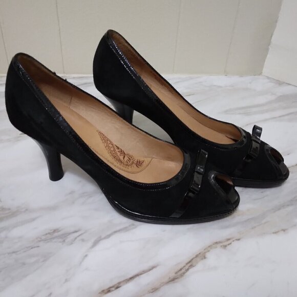 Sofft | Black Leather Suede Peep Toe 3" Pump | Size 9.5 M - Picture 4 of 11